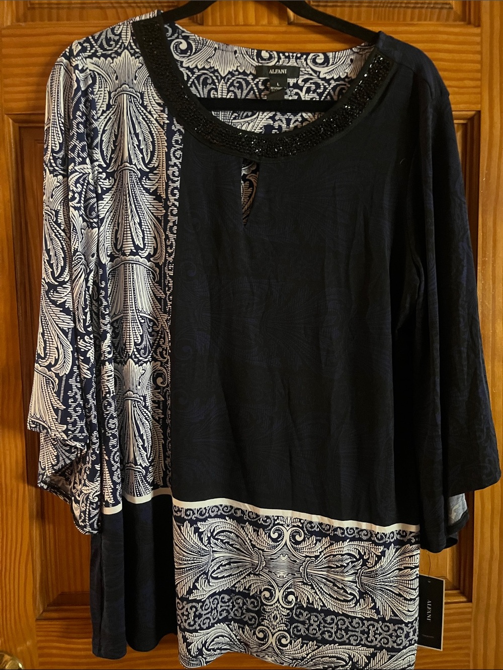 Alfani Navy and White Beaded-Trim Paisley Tunic